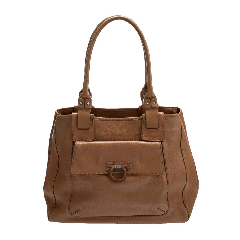 Salvatore Ferragamo Tan Leather Shoulder Bag Wood Hardware Large Tote